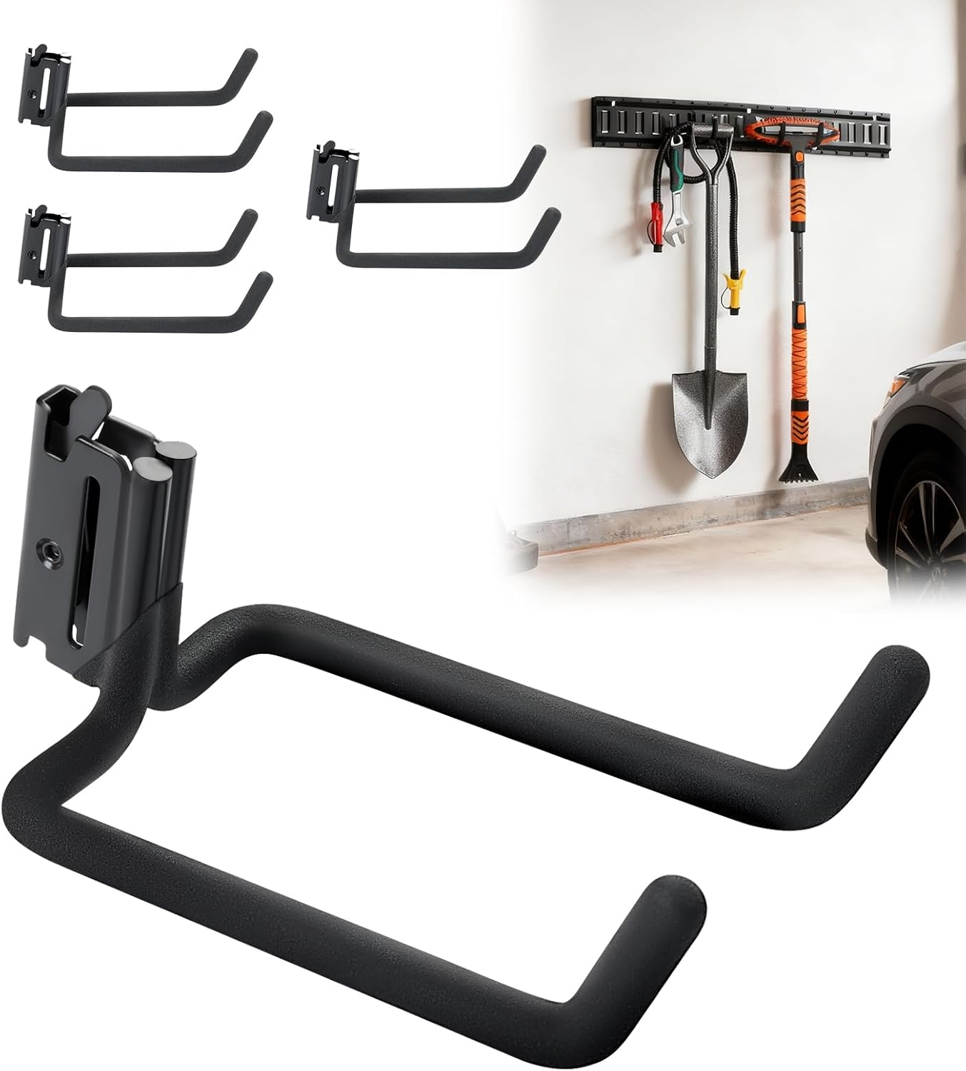 JDMON 4 Pack E-Track Heavy Duty Shovel Hangers, 13mm Diameter Powder-Coated Steel Double J Tool Hook Holder for Long-Handled Tools, Fits E-Track & X-Track Rail in Trailers, Trucks & Garage Storage