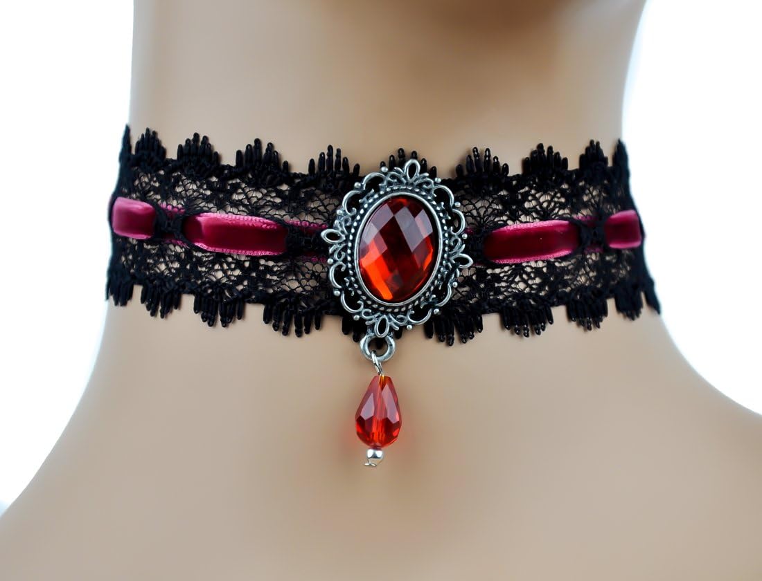 Red Stone & Black Victorian Lace Choker with Velvet Ribbon
