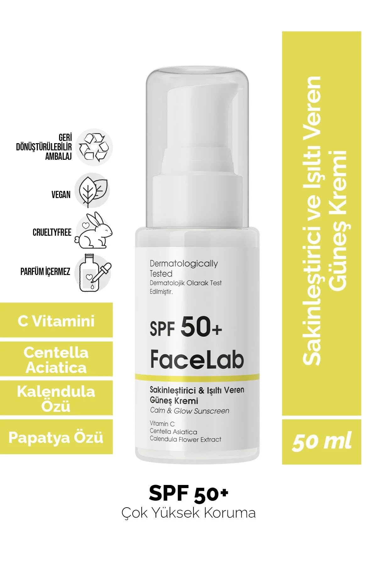 Facelab Sakinleştirici ve Işıltı Veren C Vitamini ve Centella İçerikli SPF 50 ve Güneş Kremi 50 ml