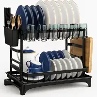 Escorredor de Louça em Aço Carbono Inoxidável com Drenagem automática, Antiderrapante, Bandeja Resistente a Ferrugem Modular Multifuncional (Preto)