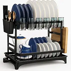 Escorredor de Louça em Aço Carbono Inoxidável com Drenagem automática, Antiderrapante, Bandeja Resistente a Ferrugem Modular Multifuncional (Preto)