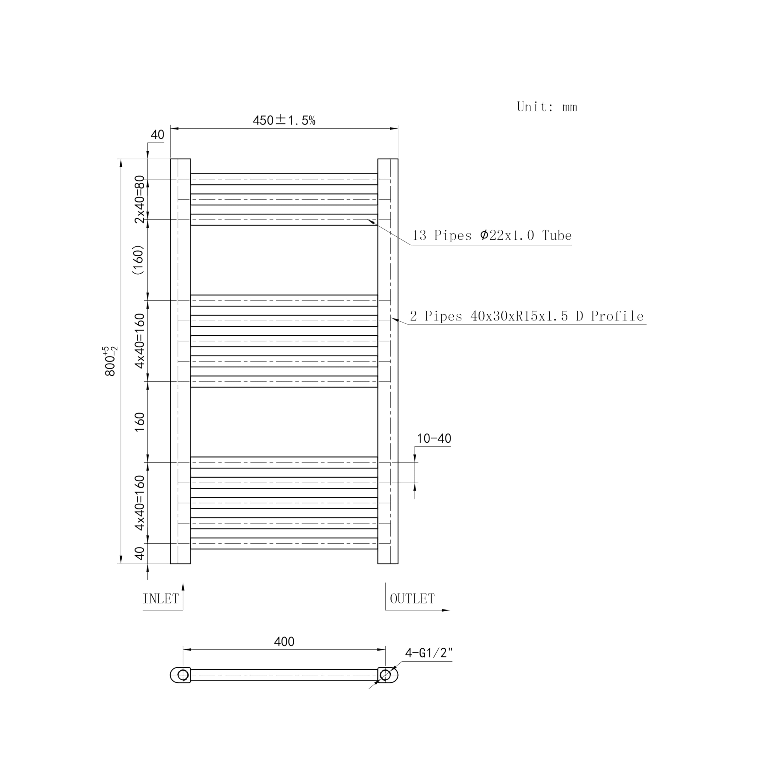AICAIT Termoarredo Bagno Scaldasalviette Acciaio al carbonio Termosifone Antracitico 800x450mm