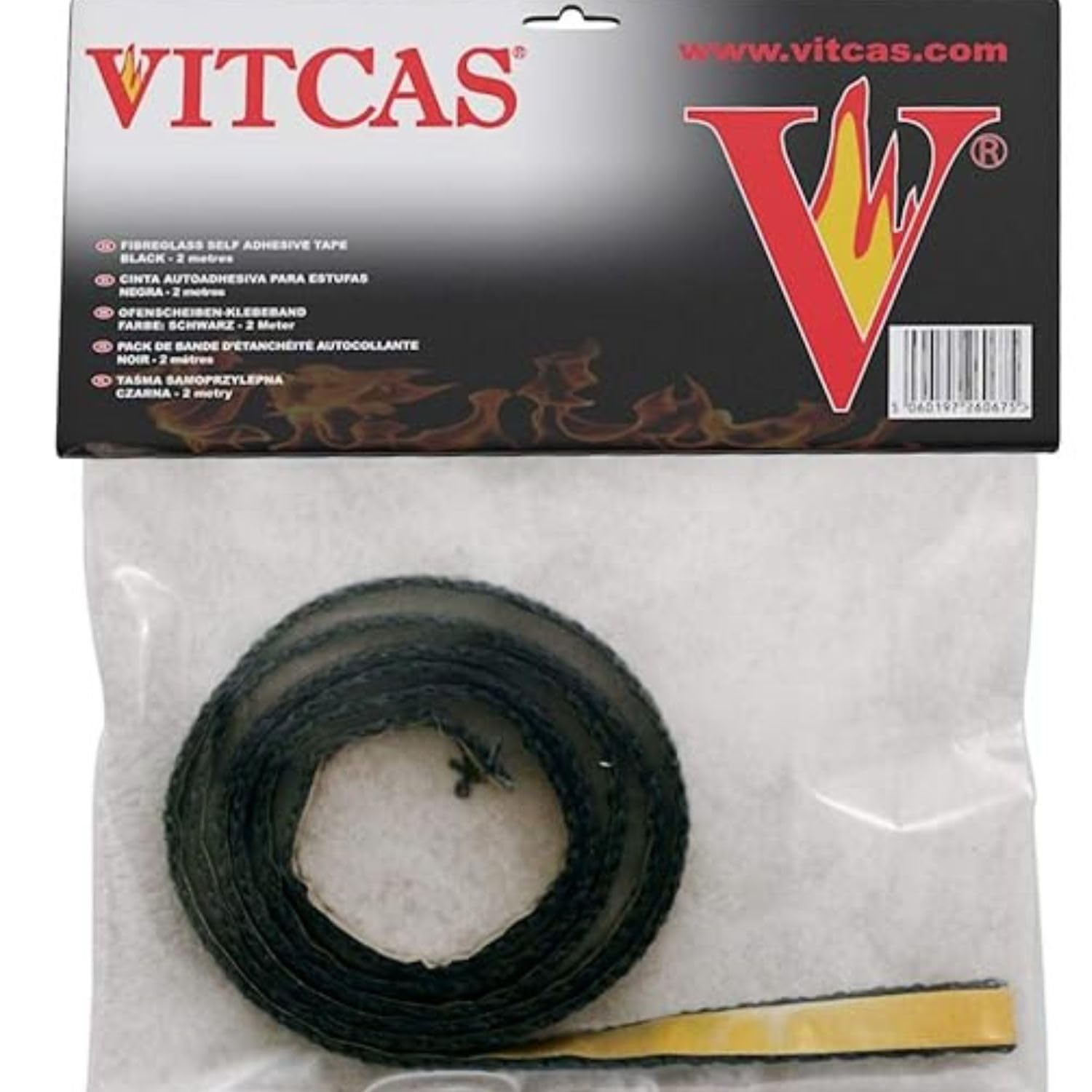 VITCAS Black Glass Tape 15mm x 2mm x 2M – High Heat Resistant Self-Adhesive Backed Thermal Tape for Stove Glass, Fireplaces, and Metal Insulation – Durable Adhesion up to 550°C