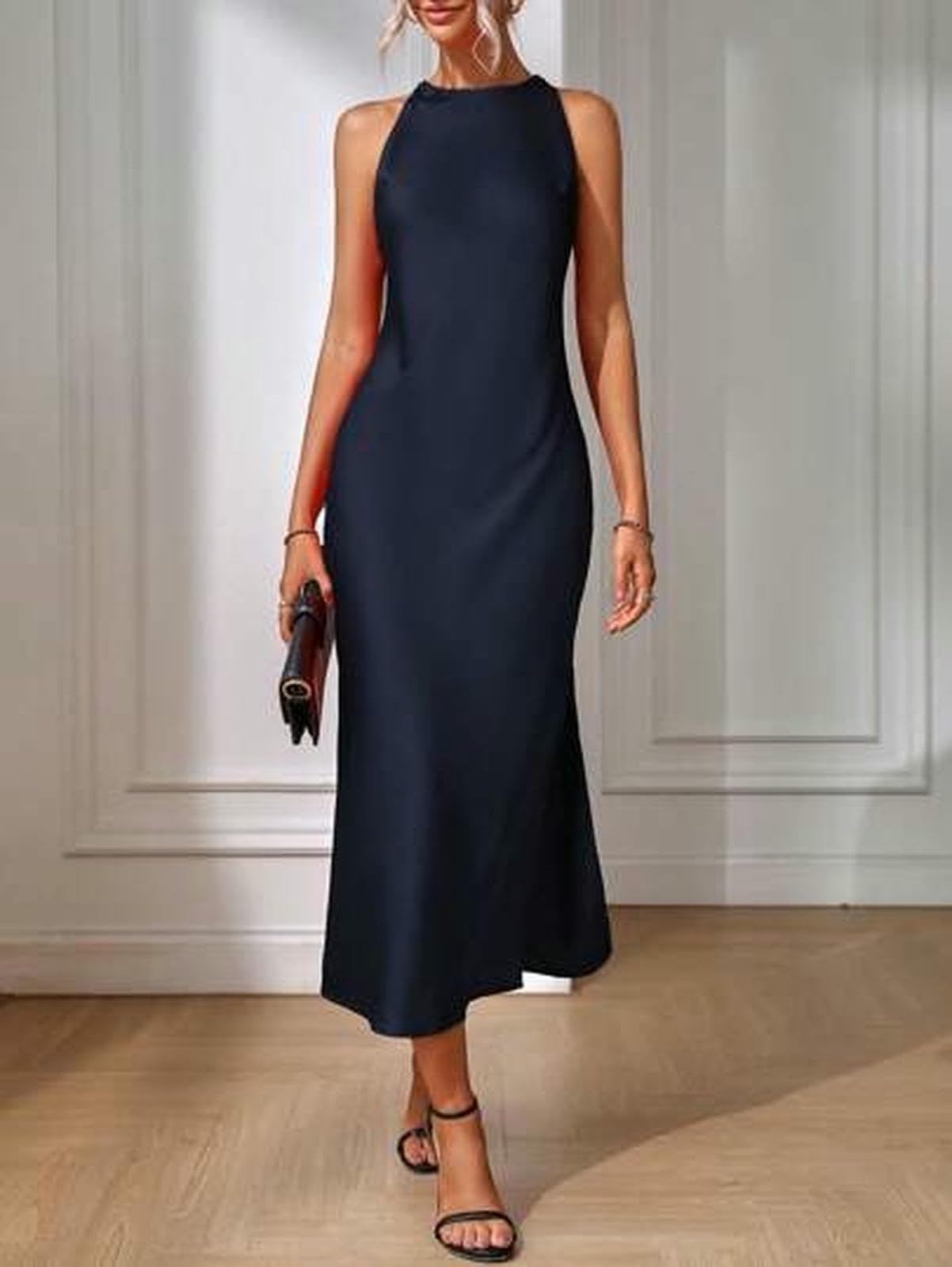 Abiti Abito Lungo da Donna, Elegante Vestito Sexy per Ospite di Seta Drappeggiata Il Collo Tondo -Nero-XXL