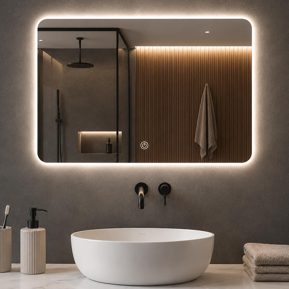 Shally Dogan Specchio Rettangolare da Parete con Led Dimmerabile a 3 Colori, Bianco Freddo, Caldo e Naturale, Accensione con Touch, Decorazione da Muro Design Moderno e Salvaspazio, 70 x 50 cm