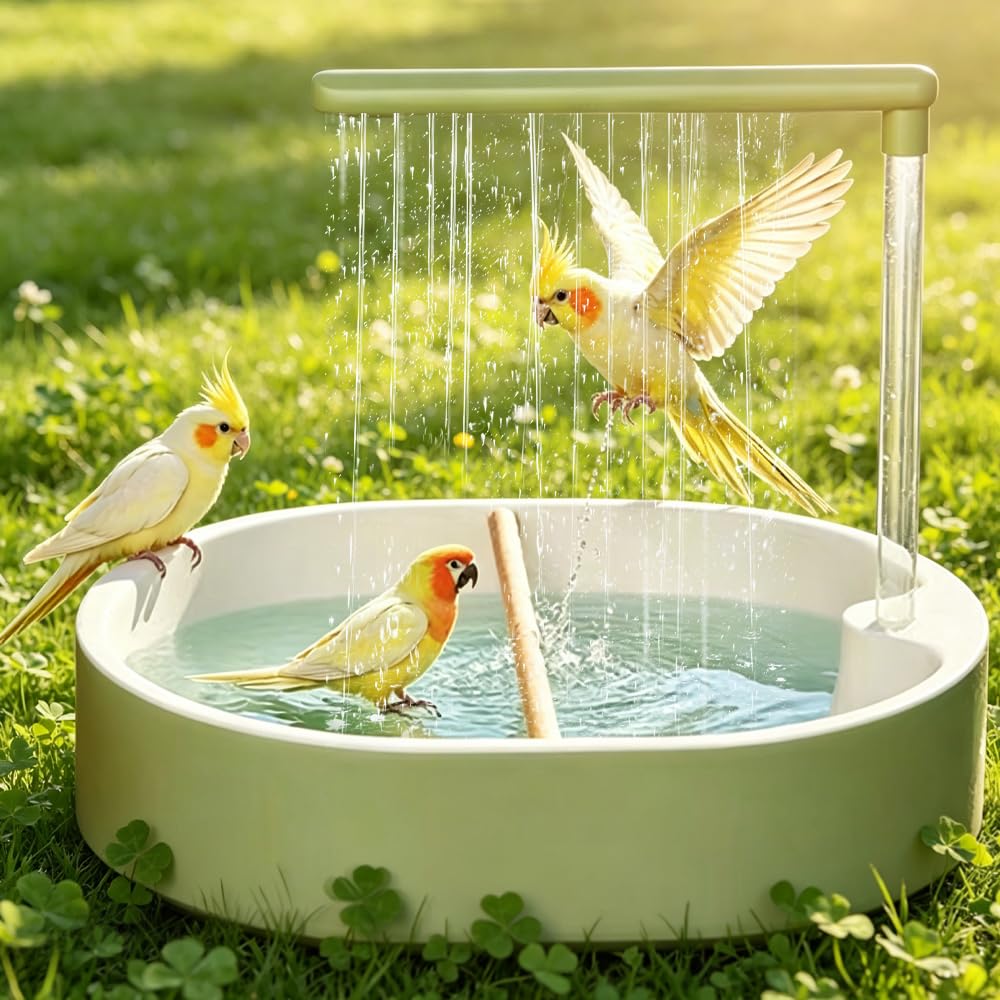 Vogeldusche Wellensittich, 32x28cm Wellensittich Dusche, Vogel Dusche mit Regenwasserzirkulation, USB-Betrieben, Vogel Badewanne für Unzertrennliche, Wellensittiche, Afrikanische Munias und Aras