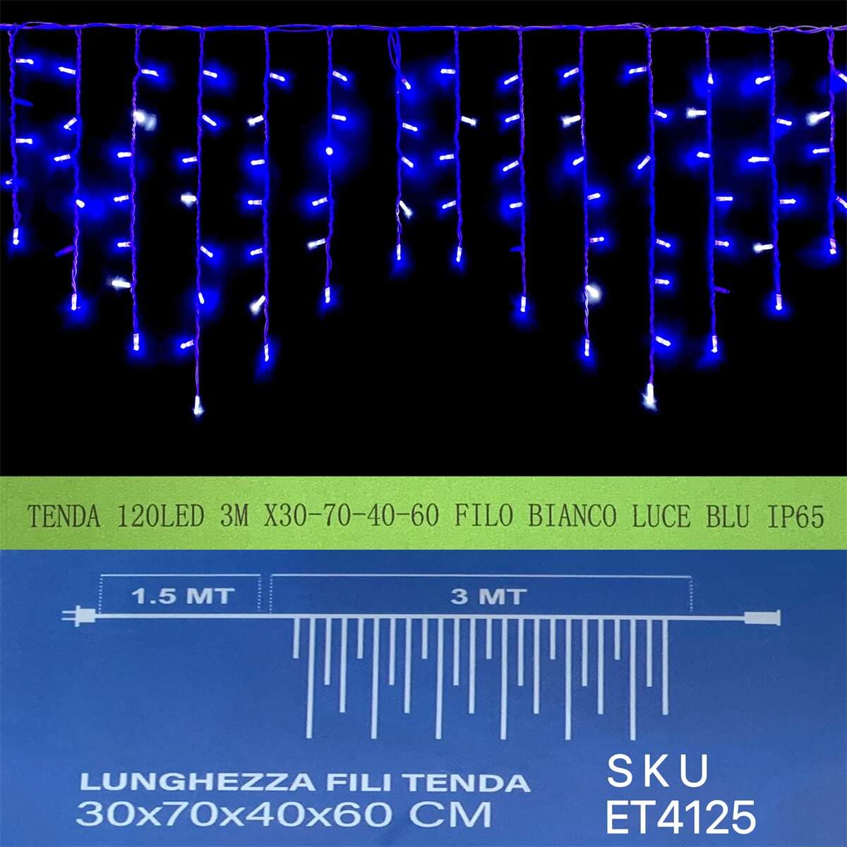 A2ZWORLD Rideau lumineux extérieur avec effet cascade, professionnel IP65, rideaux avec 4 longueurs différentes 30 cm 40 cm 60 cm et 70 cm (3 m avec 120 LED, bleu)