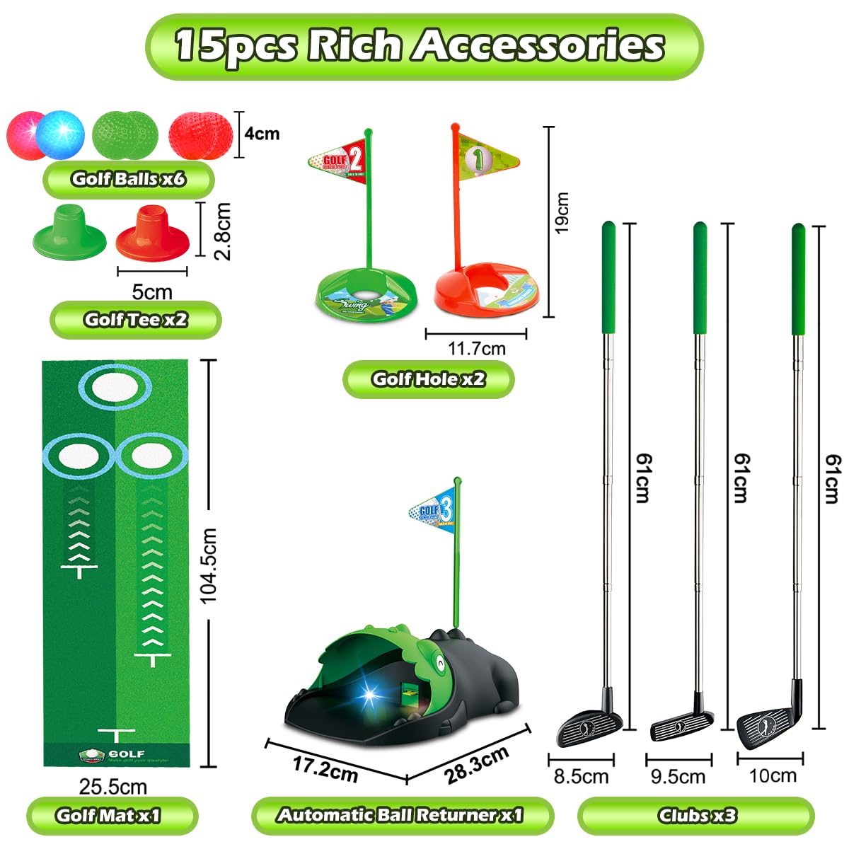 Clemas Jeux de Golf pour Enfants avec Retour Automatique de Dinosaure, Balles de Golf Nocturnes Lumineuses à LED,3 Clubs,3 à 8 Mini Golf, Jouets de Sport d'intérieur et d'extérieur garçons Filles