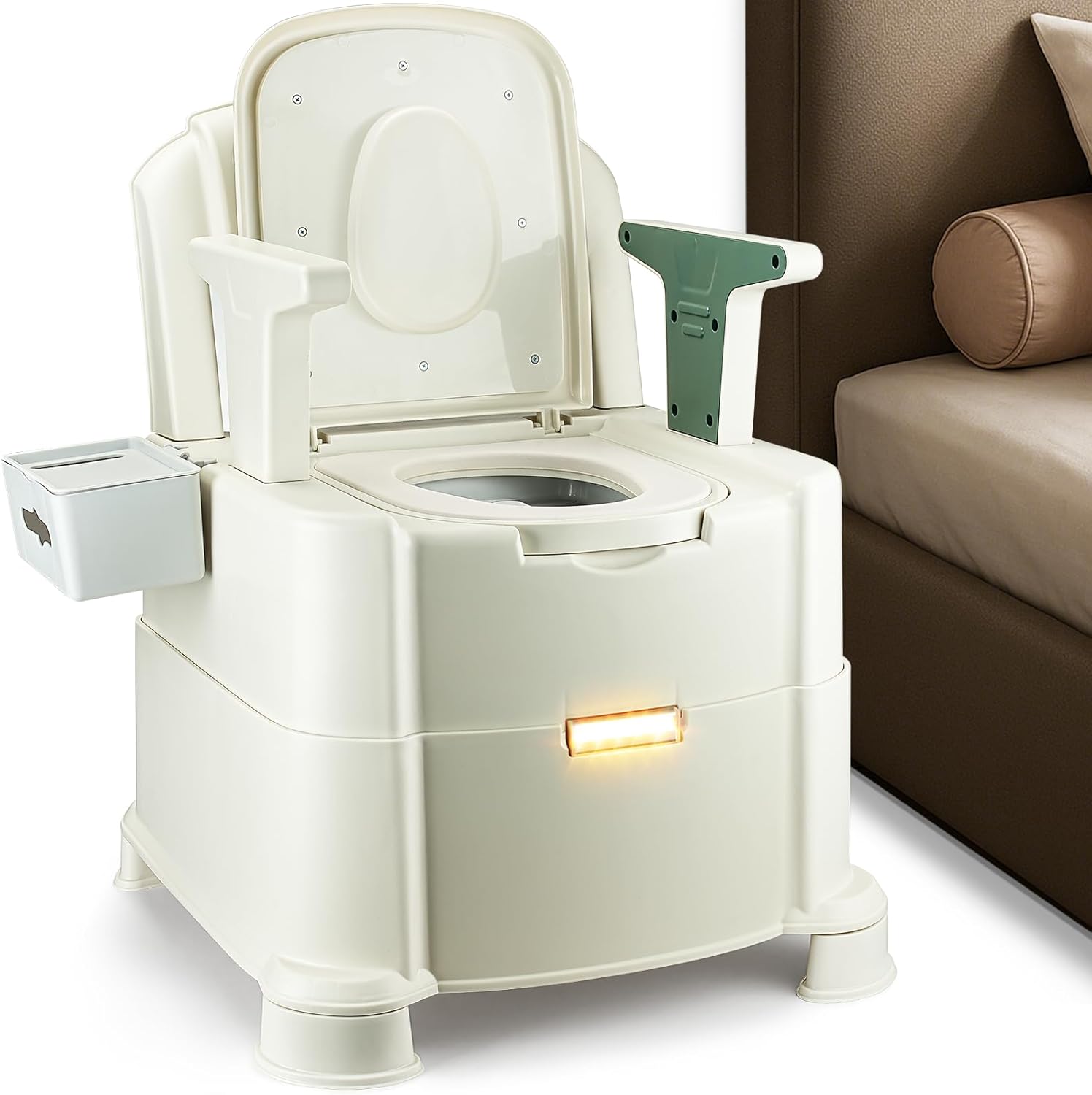 Bedside Commode, Upgraded Commode Toilet Potty Chair with 3 Rolls of Commode Liners, Automatic LED Light, Detachable Armrests, 2-Level Height, Heavy Duty 880lbs Loading Green
