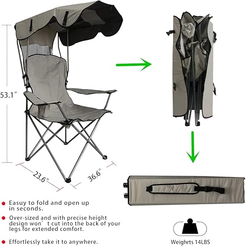 Miniatura 2 de BDL Sillas de campamento con toldo plegable con soporte reclinable de 380 libras con un portavasos y bolsa de transporte para exteriores playa