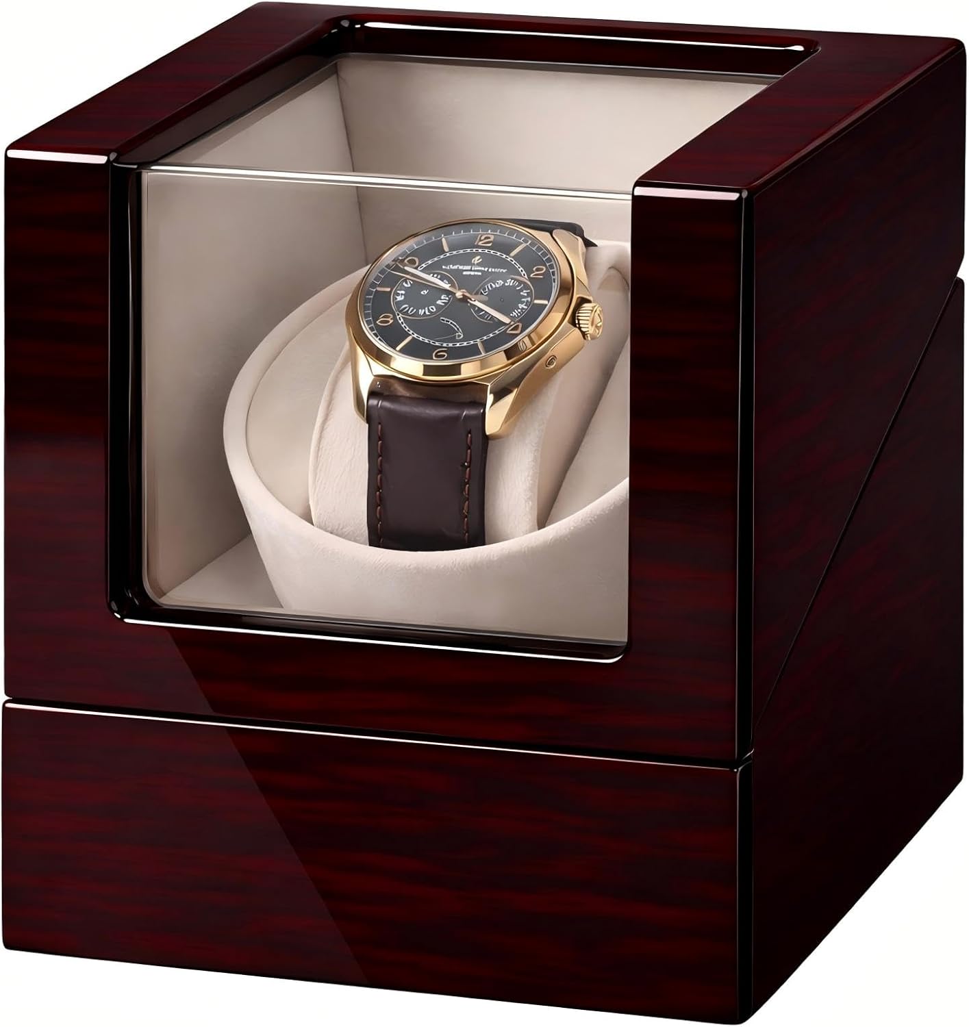 Automatic Single Watch Winder Box for Rolex and Other Watches, Wooden Watch Case with Luxury Mahogany Tone Piano Finish, Ultra Quiet Japanese Motor, Premium Watch Box for Men and Women