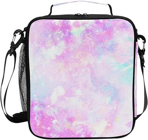 Lonchera con estampado de galaxia pastel y teñido anudado arcoíris con estampado de galaxia, bolsa de almuerzo aislada, bolsa de almuerzo para