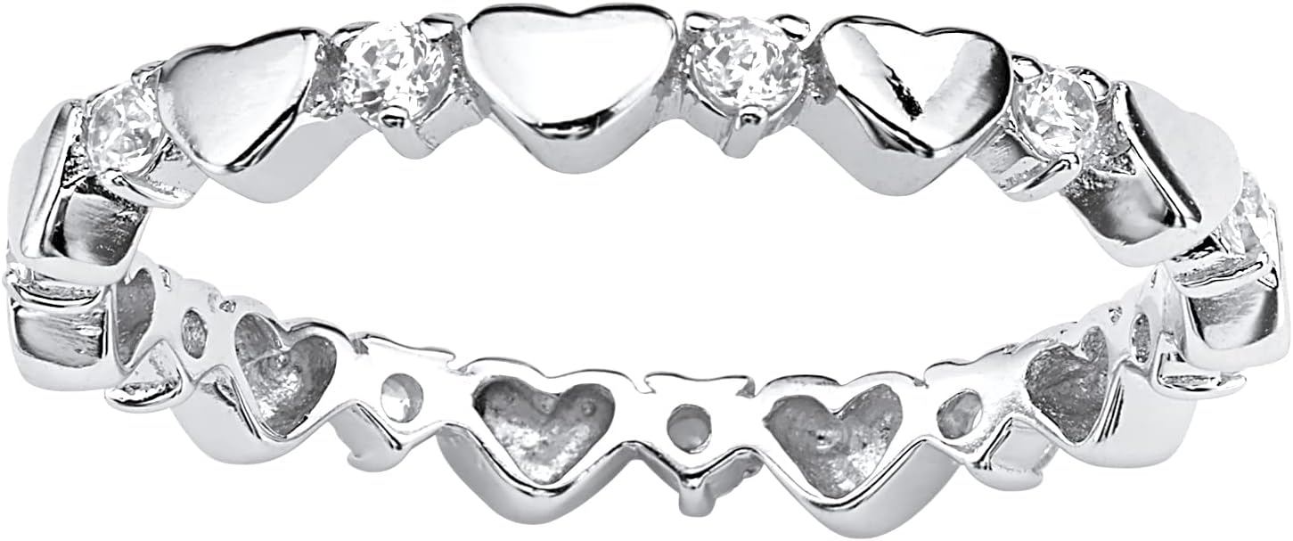 PalmBeach Sterling Silver Round Simulated Birthstone Heart Eternity Ring Sizes 5-10