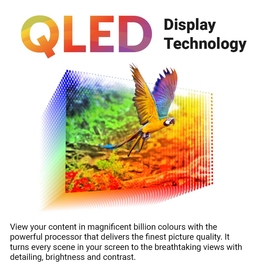 Graphic illustrating QLED Display Technology with a colorful parrot flying through a spectrum of light