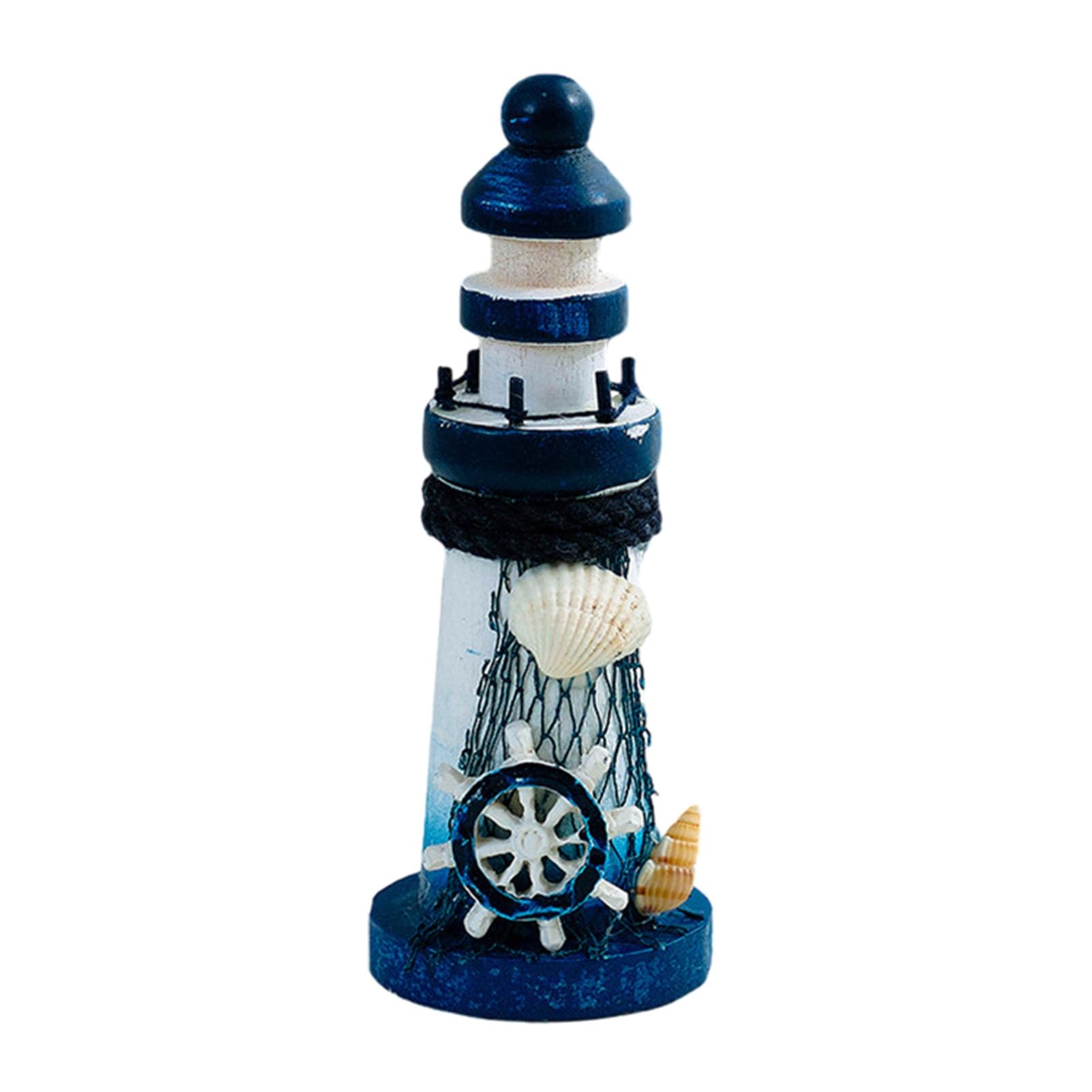 Rikuuui Wooden Lighthouse Figurine, Handmade Nautical Lighthouse Beach Decoration, White Blue Coastal Tabletop Decor for Home, Living Room B