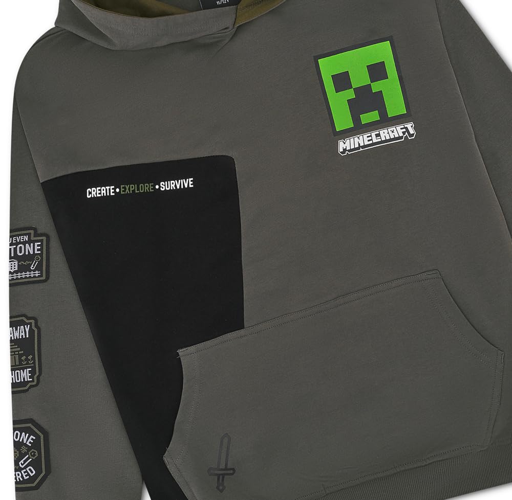 Minecraft Chándal para niños – Conjunto oficial de sudadera con capucha y pantalones deportivos para niños, chándal de algodón gris Creeper Gaming, edad 5-12 años