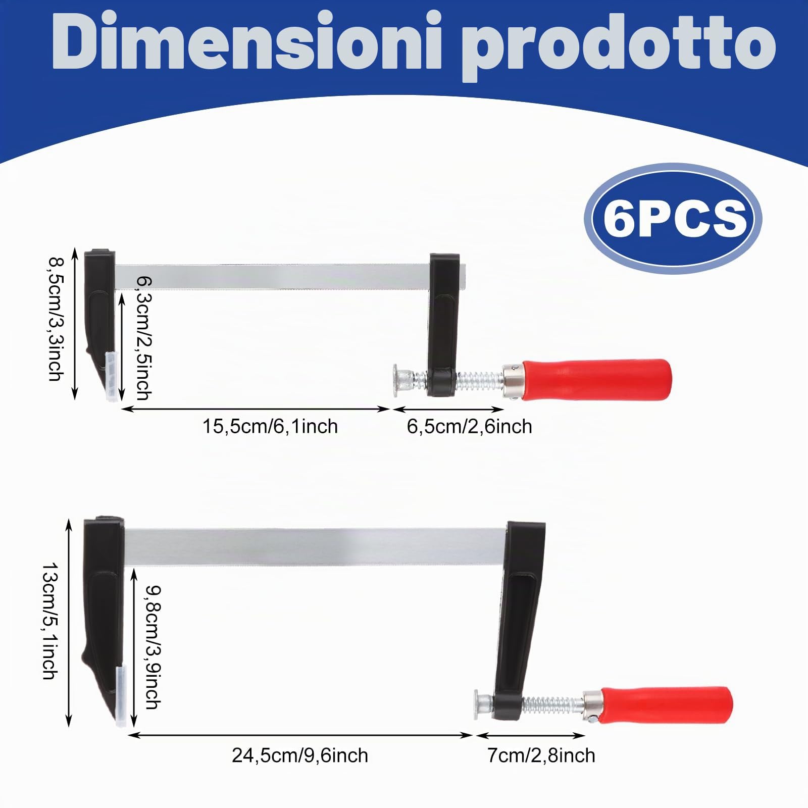 Set di 6 morsetti a vite, con apertura 150 mm/300 mm, per un fissaggio preciso, lavorazione del legno, fissaggio preciso di pezzi in legno