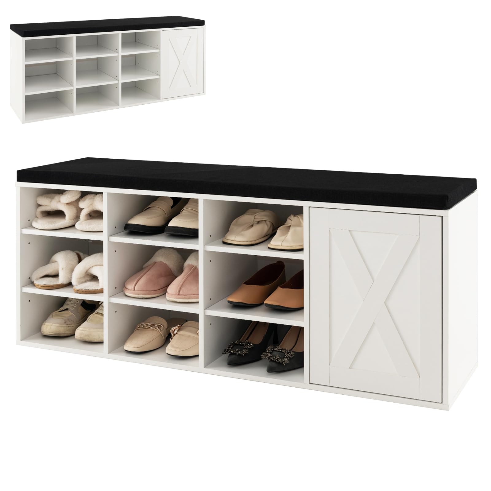 HOMASIS 3 Niveles Banco Zapatero con Estantes Ajustables, Zapatero de Madera con 9 Compartimentos y Cojín Acolchado, Banco de Almacenamiento para Pasillo, Sala de Estar, 110,5 x 30 x 49 cm (Blanco)