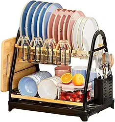 Escorredor de Louça 2 Andares em Aço Inox, Secador de Pratos e Talheres para Bancada com Bandeja Coletora e Porta Copos Premium (Preto)