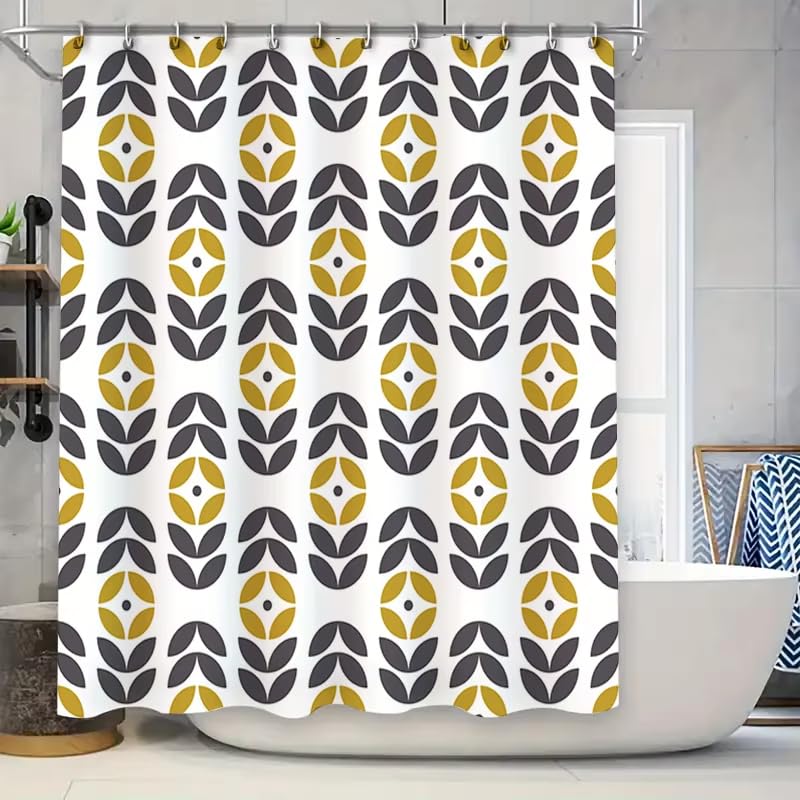 Rideau de douche séchage rapide en tissu lavable gris et jaune moutarde 150x180