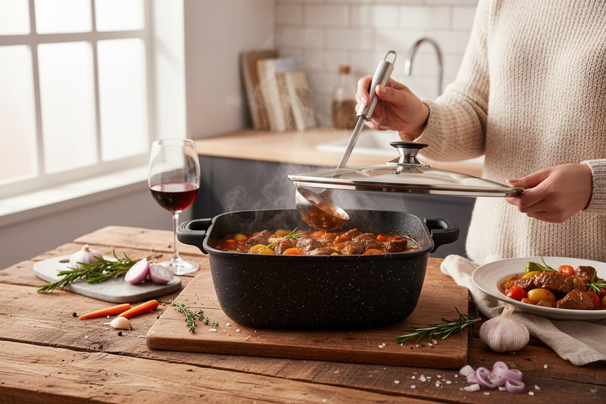 24 cm stone-style stewing pot – "From Kitchen to Table" – All Heat Sources Including Induction – Oven Safe 180°C Greblon C3 Coating PFOA-Free – Healthy Cooking German Technology (24 x 24)