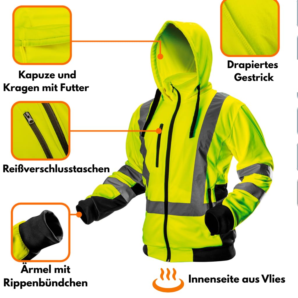 NEO TOOLS Herren Warme Arbeit Warnjacke mit Reflektierenden Streifen Gelb/Orange oder Set mit wasserdichte Hose, Gr. S(48)-XXL(56) | Kapuze, Stehkragen, Fleece, Pulli Berufsjacke Warnjacke Langarm