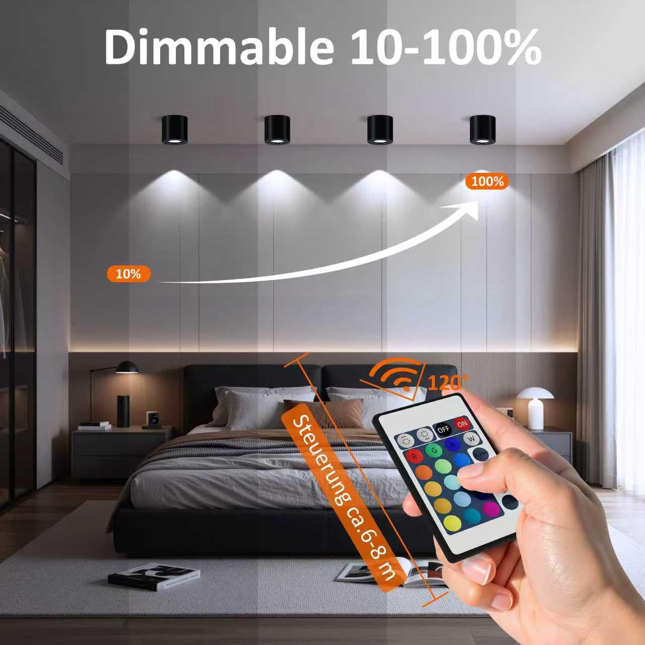 4 Stück LED Aufbauspot RGBW & Dimmbar, Deckenspot mit GU10 Fassung | Deckenstrahler 30°Schwenkbar 230V 6W RGB Kaltweiß 6500K, Aufbaustrahler mit Fernbedienung Aluminium Aufputz Spots