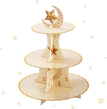 3 Tier Star and Moon Cupcake Tower, Beige Decorations Cupcake Stand, Thick Paper Dessert Tray for Wedding Birthday Party Supplies