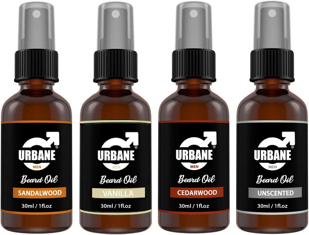 Beard Oil For Men Set of 4 – Premium Beard Kit with Sandalwood, Vanilla, Cedarwood, Unscented Essential Oils – Moisturising Beard Conditioner Gift Set