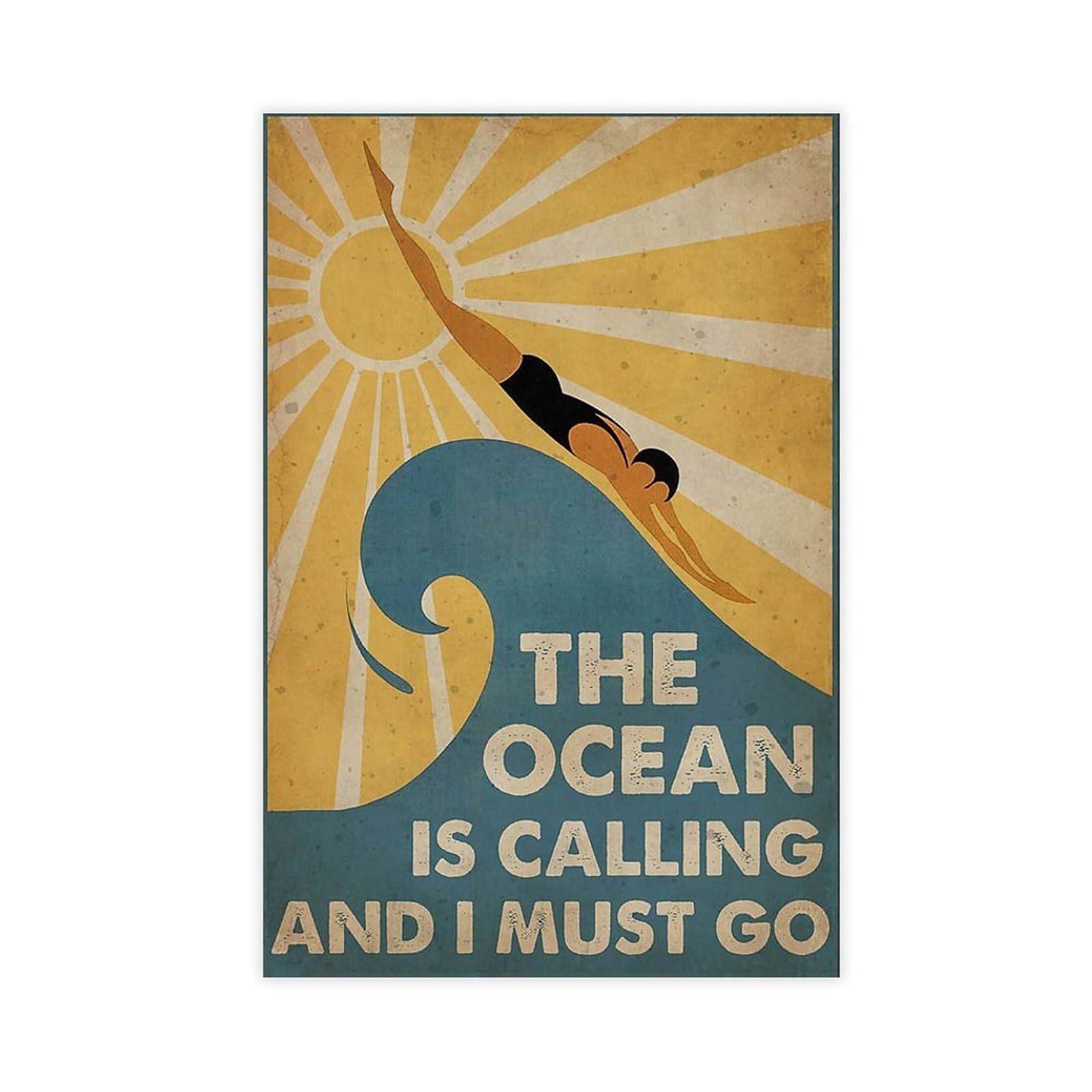 Qgvbgf Swimming Man Poster, The Ocean Is Calling And I Must Go Canvas Poster Bedroom Decor Landscape Office Room Decor Gift 08X12inch(20X30cm)