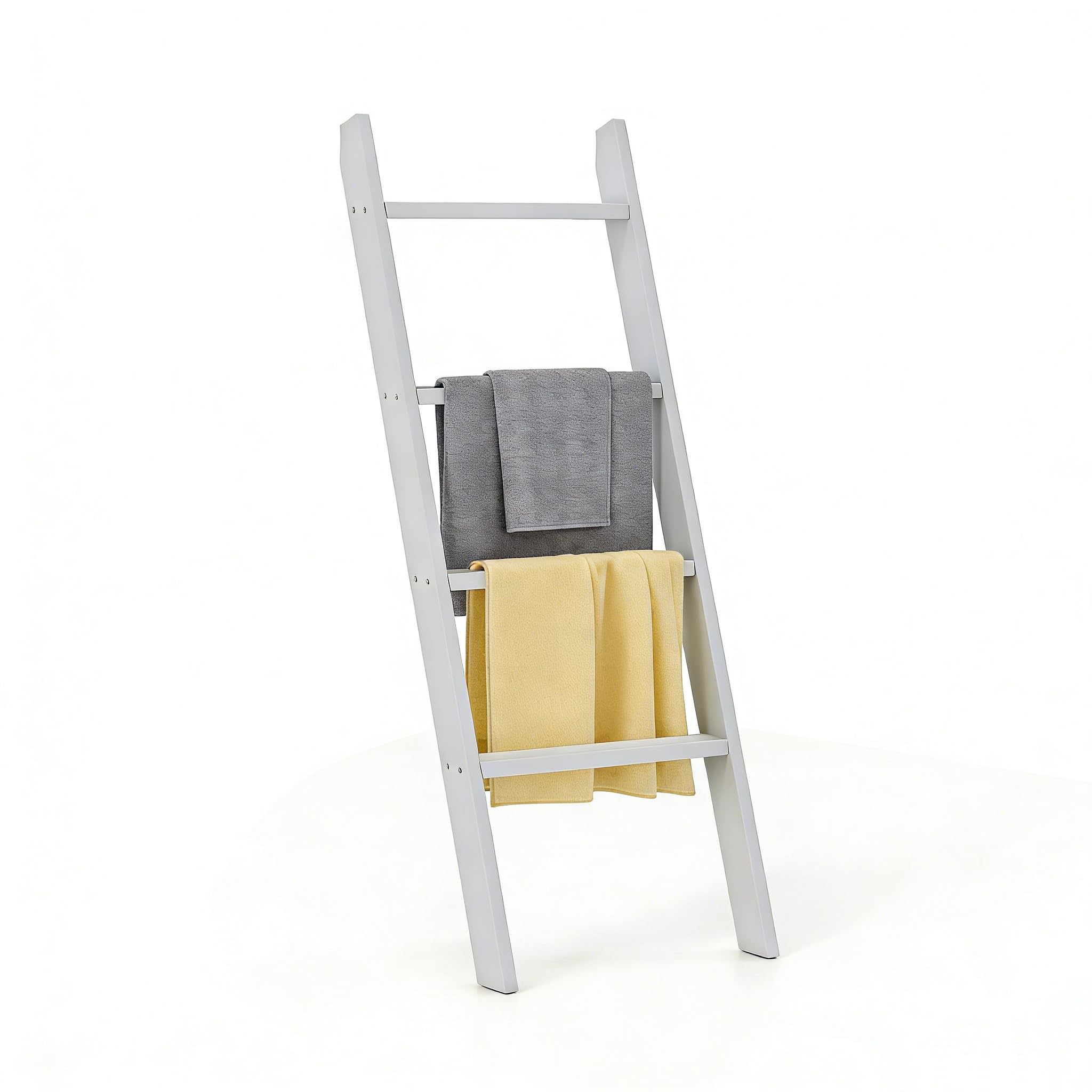 LIFEZEAL Scaffale per Coperta, Portasciugamani da Terra, Porta Salviette, Sciarpe, Tappeti, Vestiti, Scala a 4 Ripiani da Appoggiare, per Bagno, Cucina, in Legno di Pino, Max 80kg, 50x8x137cm (grigio)