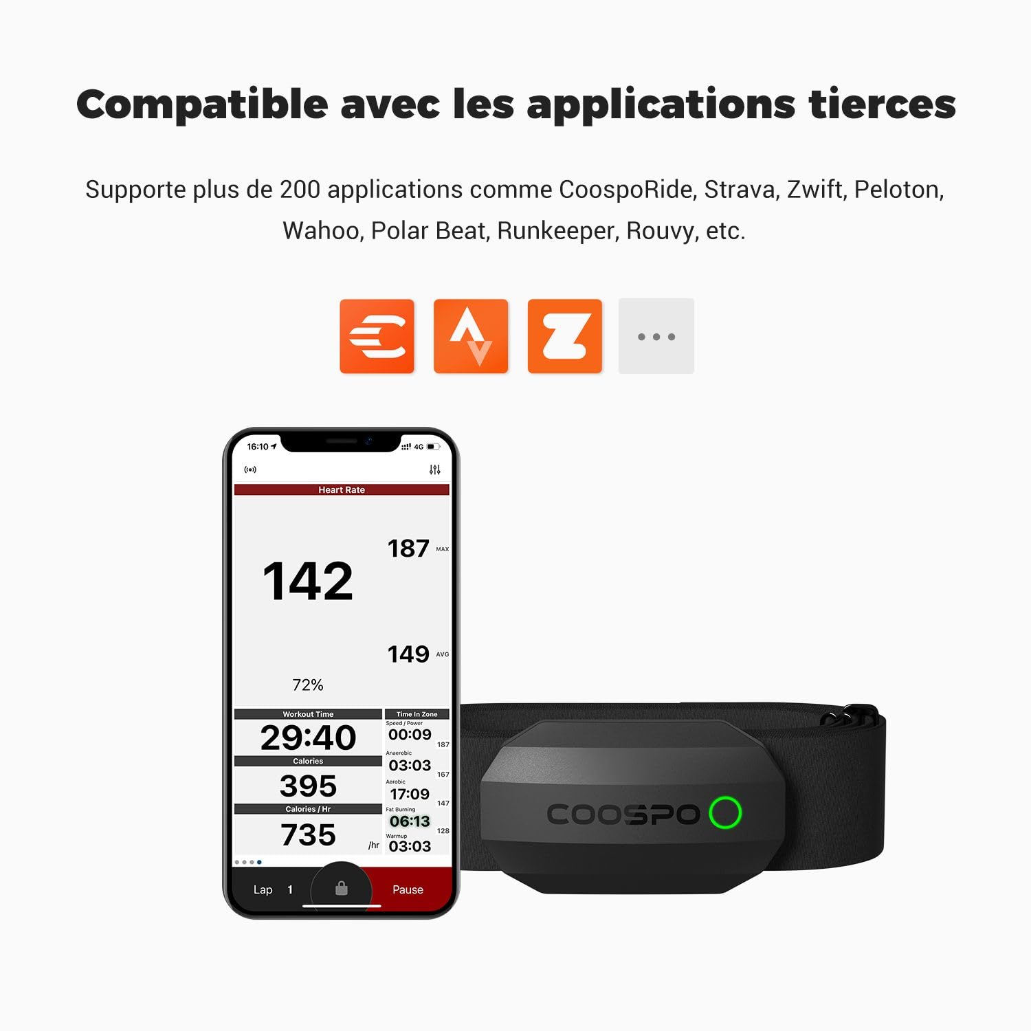 COOSPO H808S Capteur de Fréquence Cardiaque Bluetooth 5.0 Ant+ IP67 Étanche Compatible Wahoo Strava