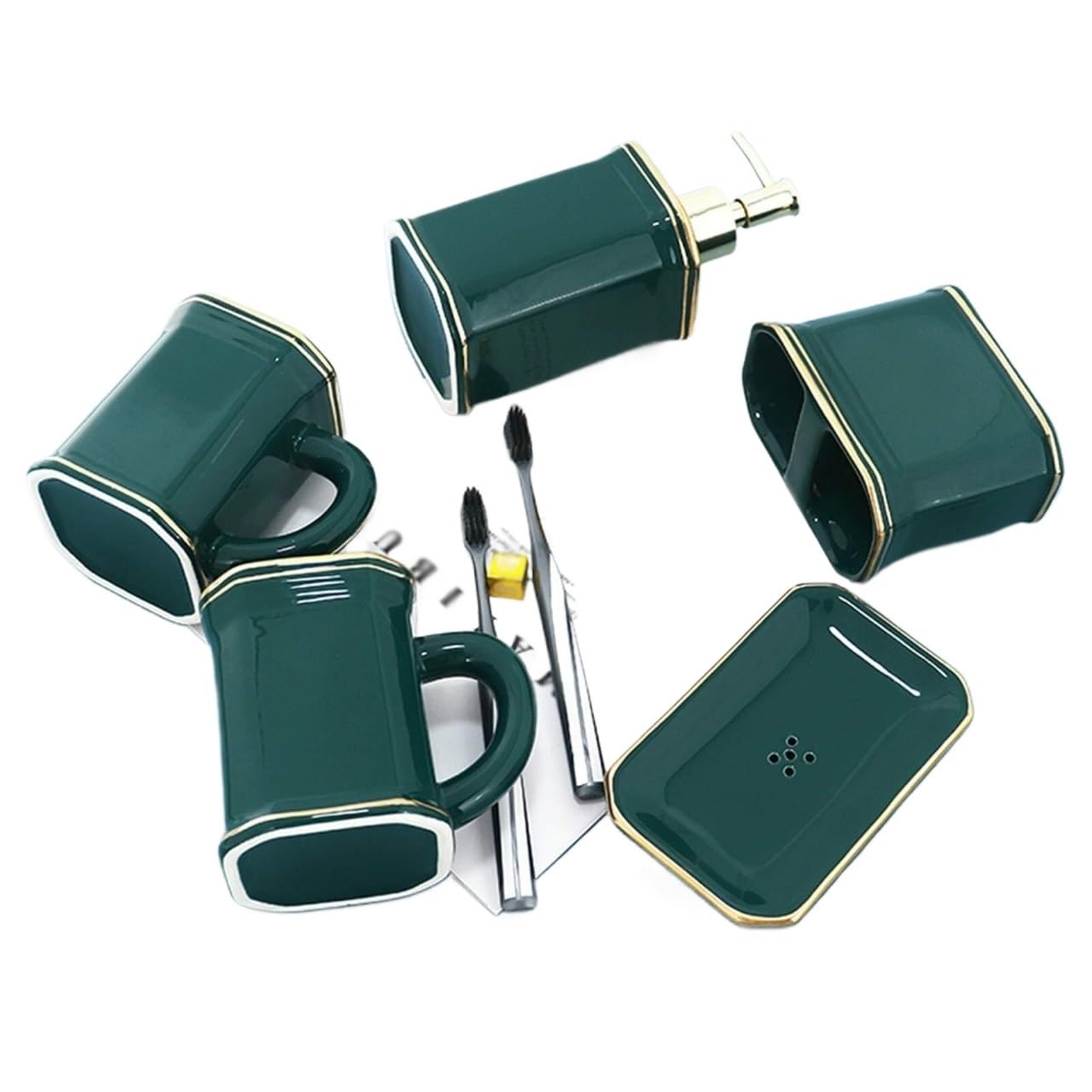 Juego de accesorios de baño de cerámica verde con dispensador de jabón para lavabo