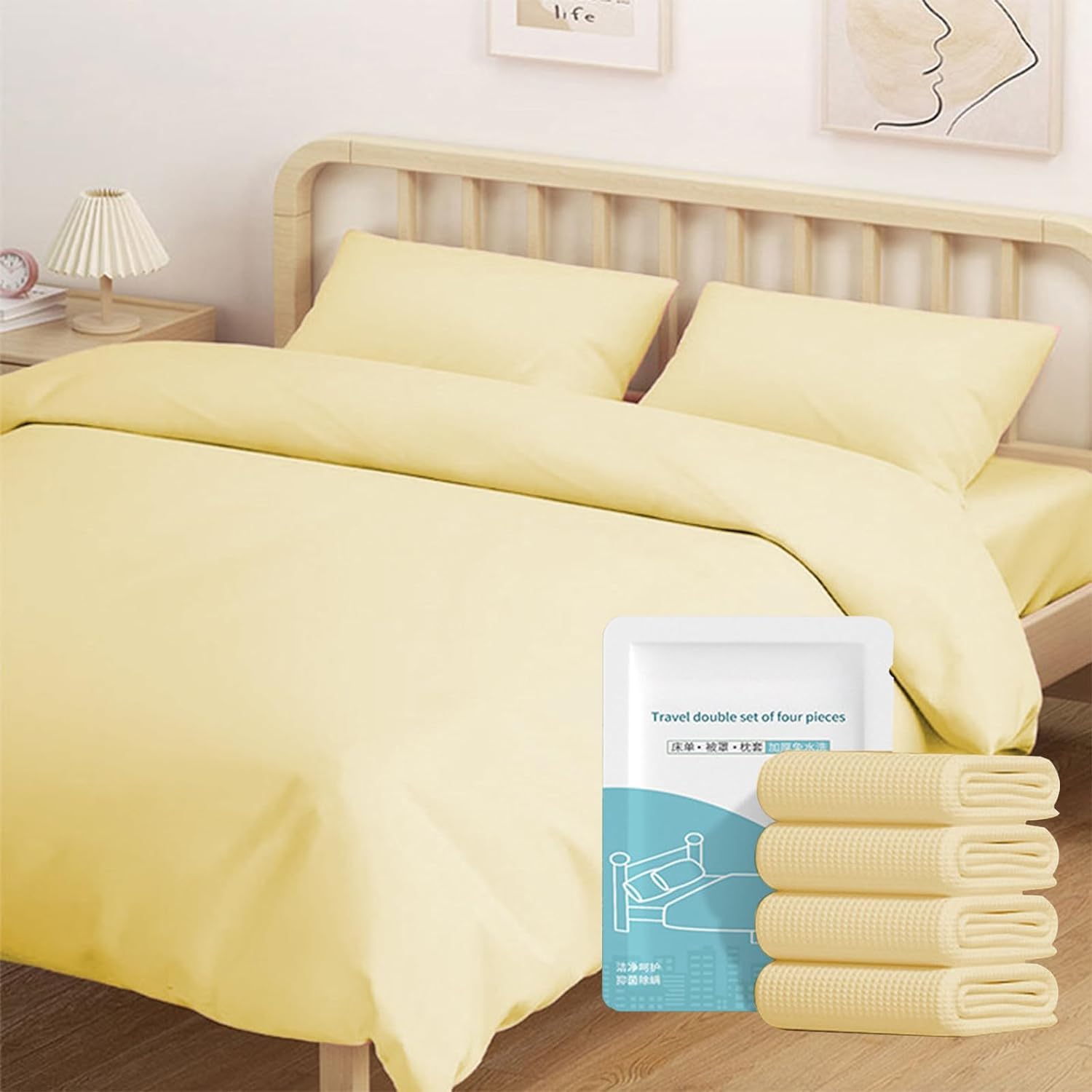 Sponsored Ad – NALACAL Disposable Bedding Set, for Travel & Emergency, Includes Bed Sheets, Quilt Cover, Pillow Case, and Bedspread, Thickened Material, Portable & Hygienic, Double Bed Size, Yellow, 4-Piece Set
