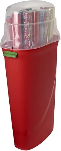 HOMZ Paquete de 2 organizadores verticales de plástico para envolver regalos, color rojo y transparente, contenedores de papel para regalos de