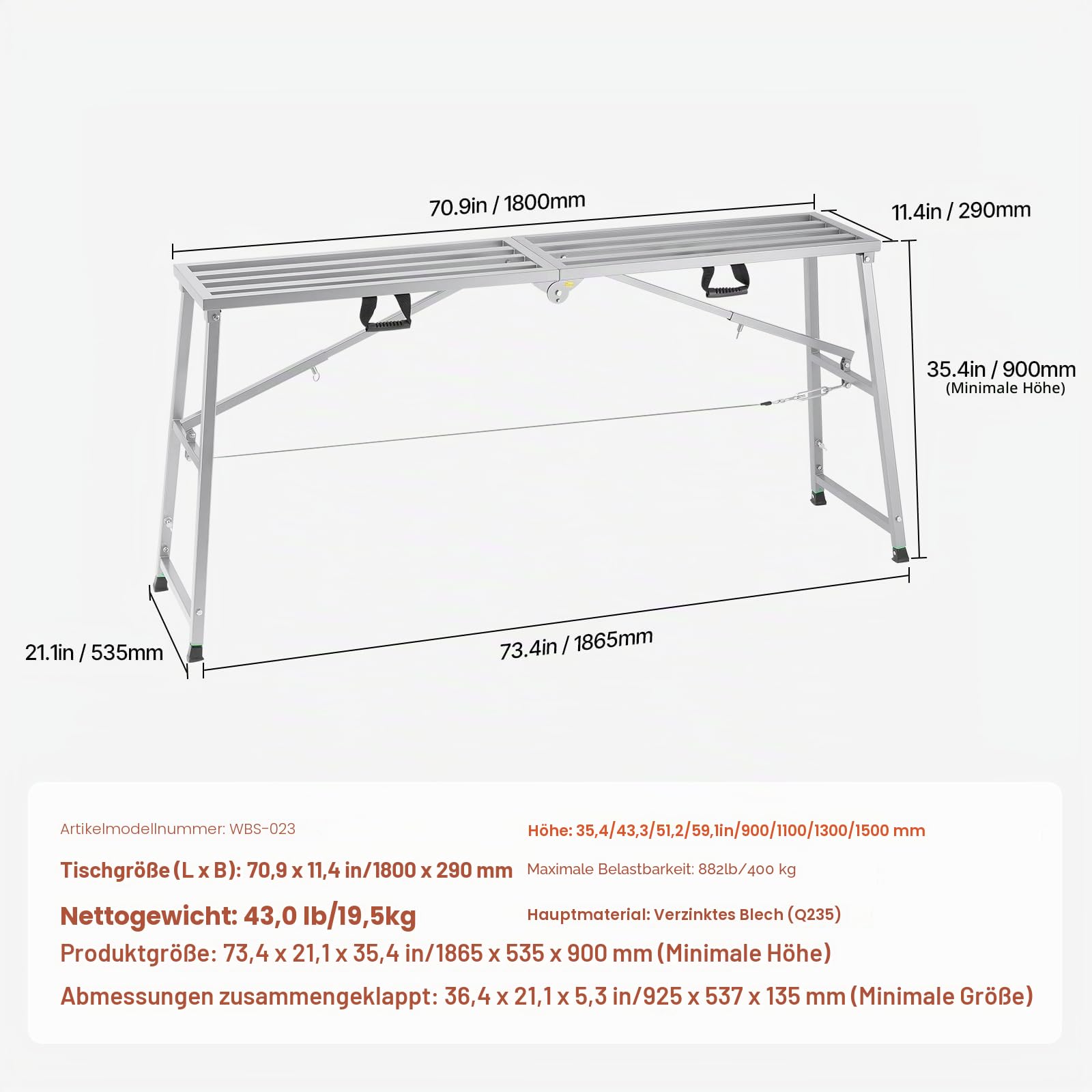 VEVOR Arbeitsplattform 900-1500 mm, zusammenklappbare Trittleiter aus legiertem Stahl, tragbare Arbeitsbühne, Tragkraft 400 kg, Trittbank Hocker zum Malen von Trockenbauwänden, Reinigen, Waschen