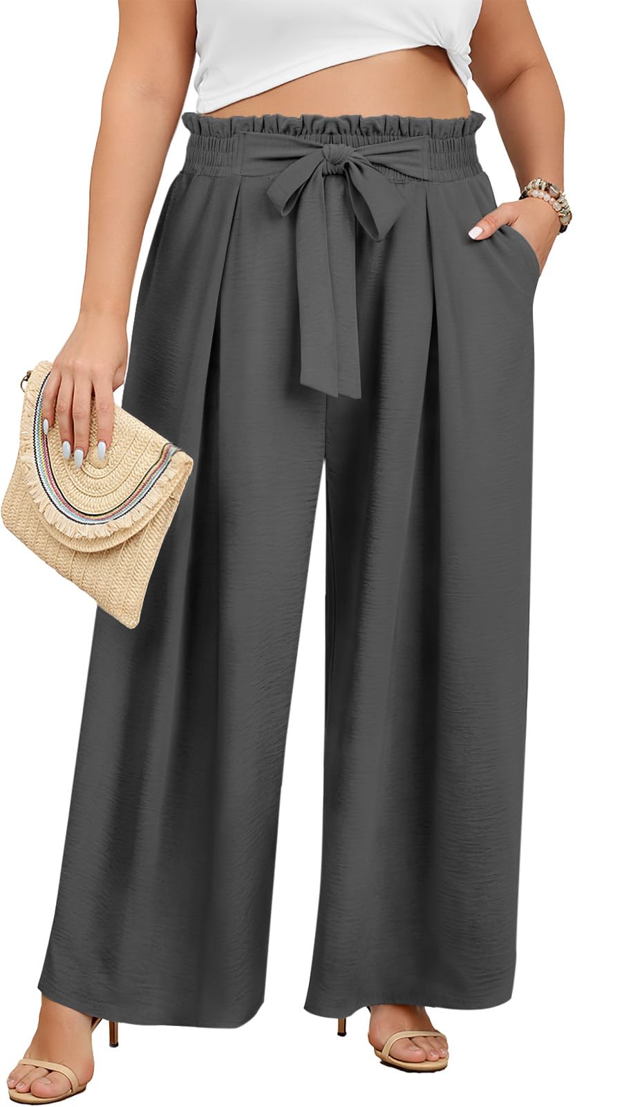 Lastshe Women's Plus Size Pants Wide Leg Work Casual Palazzo Pants Elastic High Waisted Dressy Trousers with Pockets