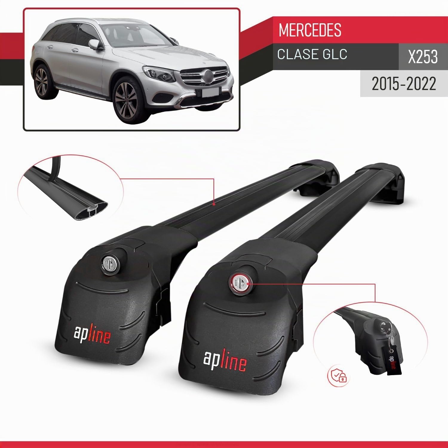 Compatible con Mercedes GLC Class (X253) 2015-2022 (No-Sunroof) Modelo Ace-2 Barra de Techo Auto Portaequipajes Barras Transversales Negro Aluminio 2 Barras