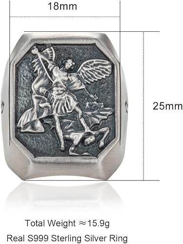 Miniatura 8 de AnuClub Anillo de plata de ley S999 de San Miguel El gran protector Arcángel derrotando a Satanás figura amuleto para hombre