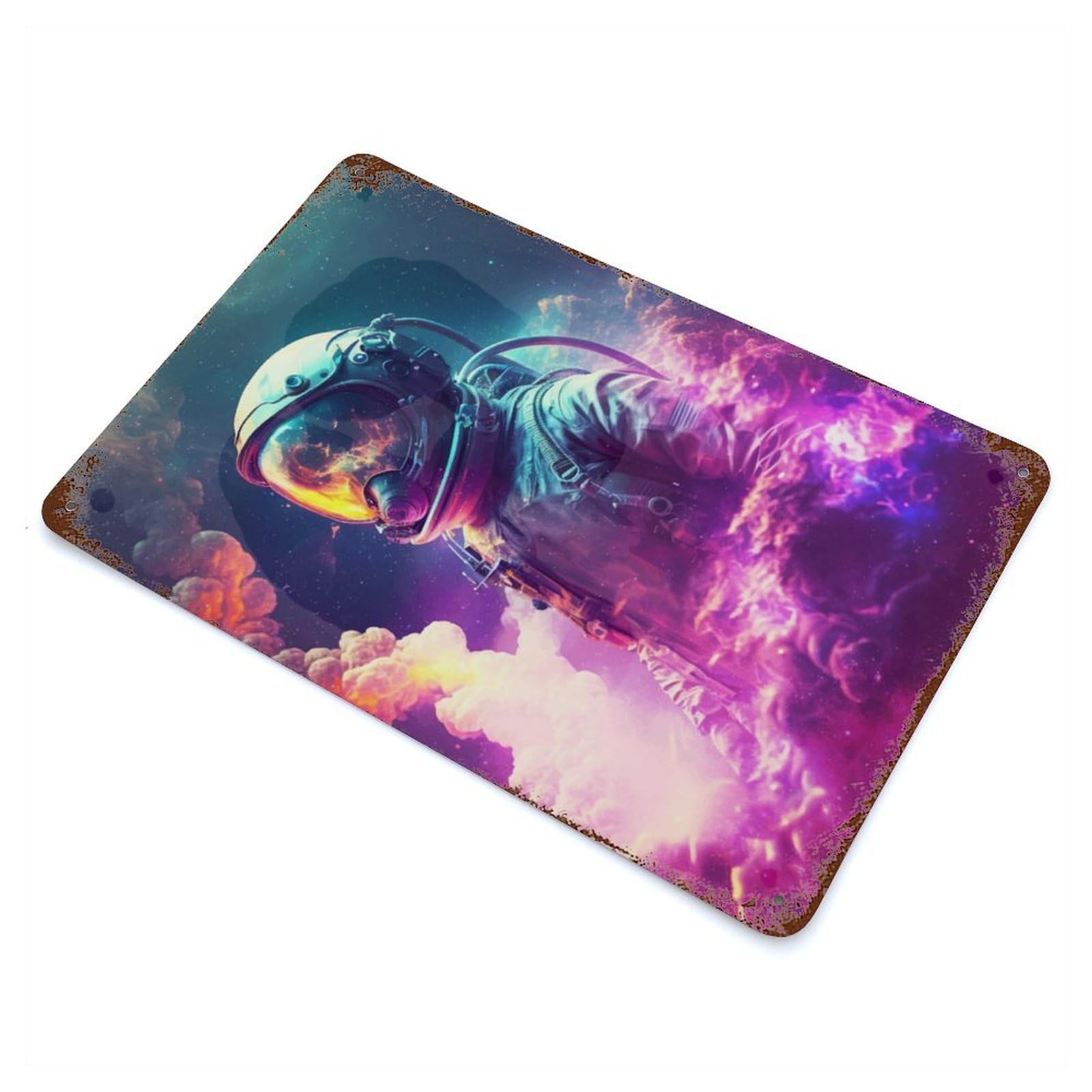 Aged Metal Wall Plaque with Lost Astronaut Design 11.8"x7.9", for Cafe, Home Bar And Lounge Decor, Novelty Wall Decor