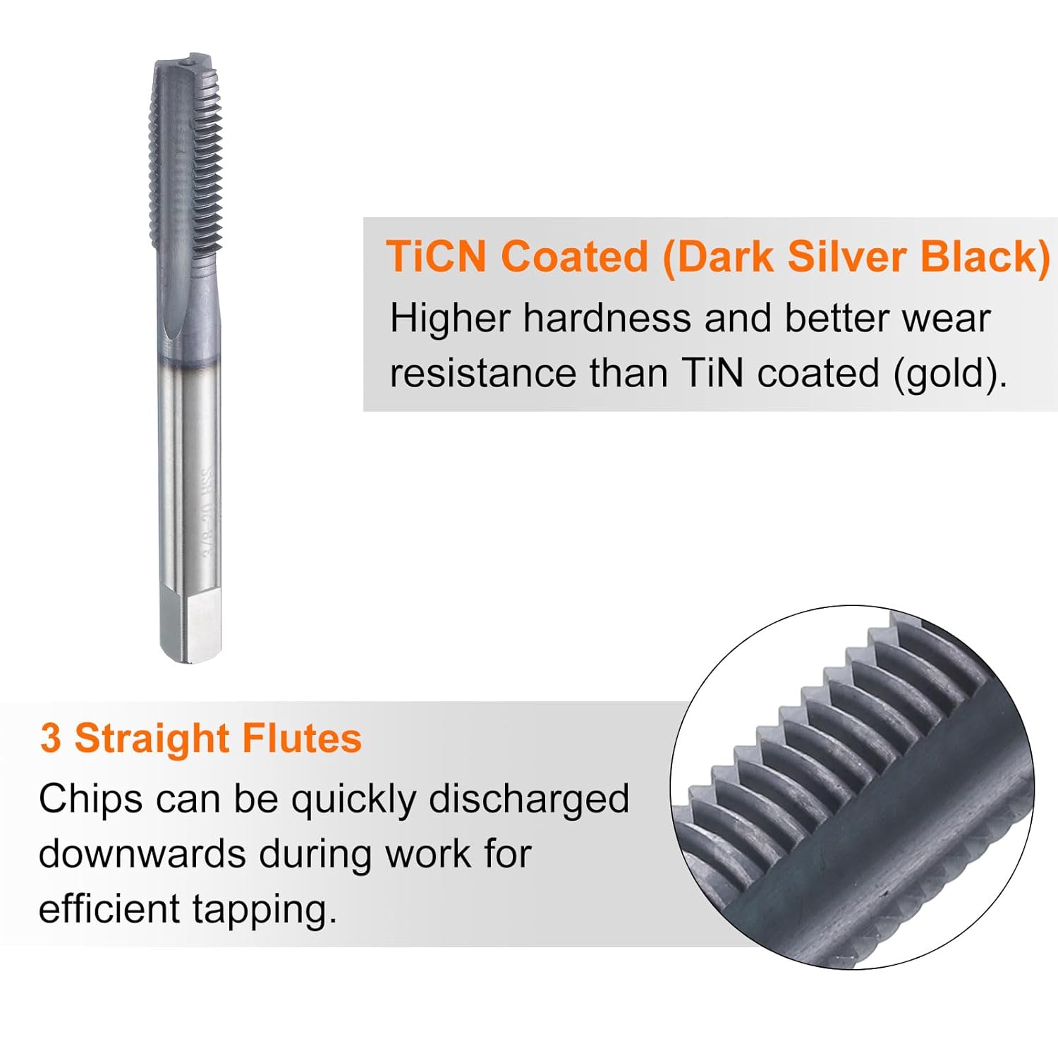 HARFINGTON 3/8"-20 UNS Thread Tap 6542 Cobalt High-Speed Steel TiCN Coated Plug Tap Right Hand Flat Head 3 Straight Flutes Screw Threading Hand Tap