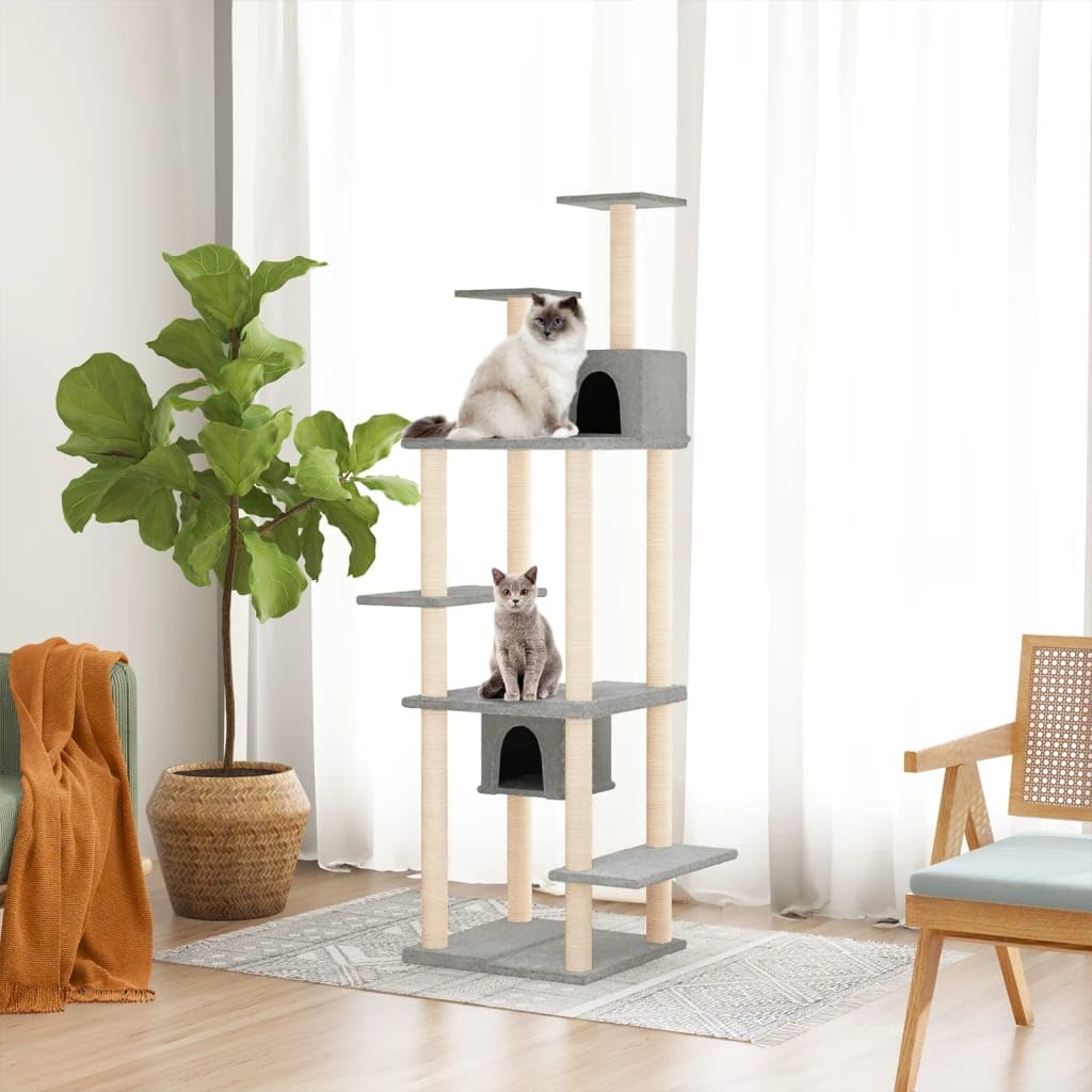 Kratzbaum Gross mit Sisal-Kratzsäulen 176 cm hoch, Katzenturm mit 2 Katzenhäusern und Plattformen, Stabiler Kletterbaum für mehrere Katzen, Hellgrau