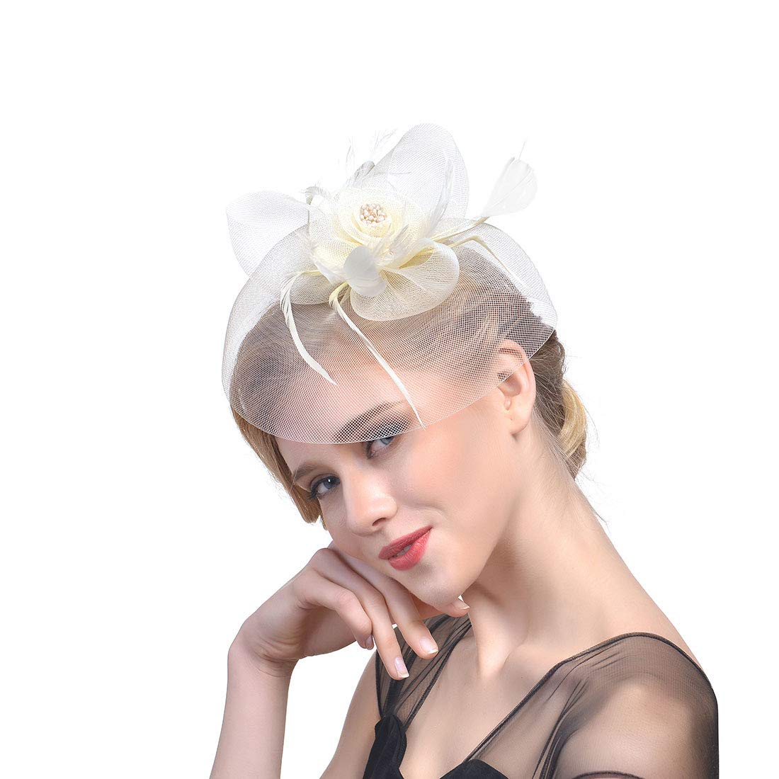 Cappelli da Cocktail. Cappello da Sposa con Fermaglio for Capelli, con Piume, da Sposa, da Cerimonia, da Chiesa, da Banchetto, for Ragazze.(MSM 007 Beige)