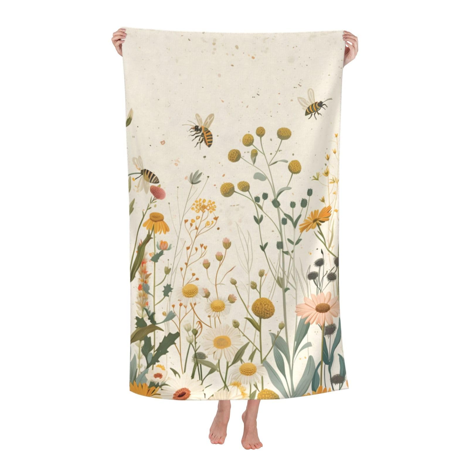 HLBSDM Wildflowers and Bees Beach Towel 31inx51in Floral Sand Free Microfiber Bath Towel Ultra Soft Quick Dry Pool Towel Absorbent Towel Lightweight Towel for Swimming Bathroom Decor