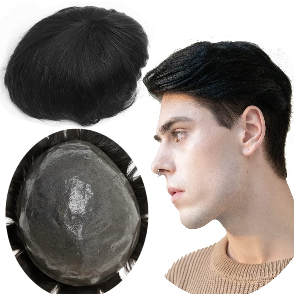 Toupee for Men men hair pieces Mens Toupee Human Hair Replacement System 100% European Real Human Hair Mens Hairpieces Hair System 0.04mm Soft Thin Skin PU V-loop (#1B Off Black, 8"x10")
