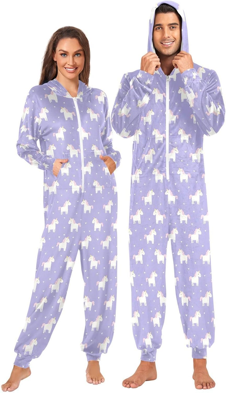 ALAZA Cute Unicorn Love Heart Adult Onesie Unisex Pajamas One-Piece Costume Hooded Jumpsuit Sleepwear for Men Women