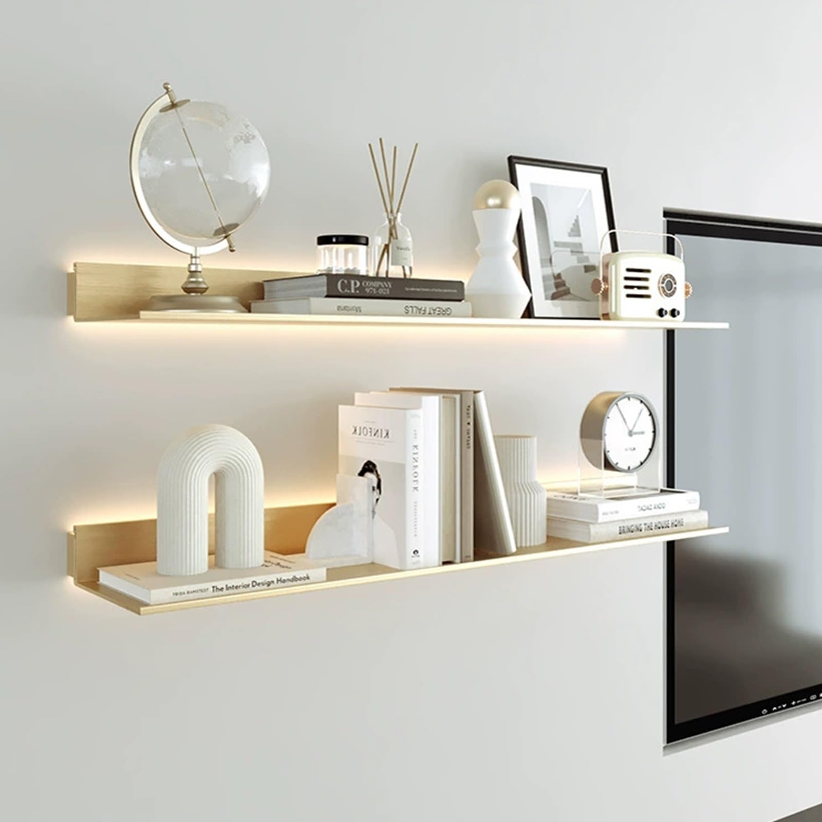 Estantes Flotantes para Pared, Estante de Pared de Aleación de Aluminio con Luz LED, Batería de Litio Incorporada, Estante de Exhibición Iluminado para Dormitorio/Sala de Estar/Cocina/Bar/Encimera(Gol