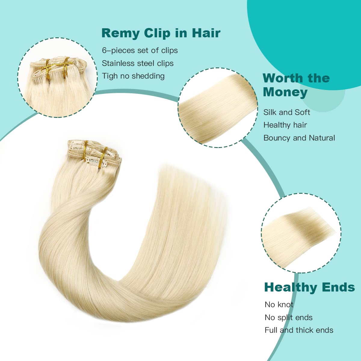 SURNEL Extensiones Clip Pelo Natural 100g 40cm 6 Piezas Rubio Platino Claro Extensiones De Clip De Humano Real Extensiones Pelo Remy Natural (C#60-40cm) - 4