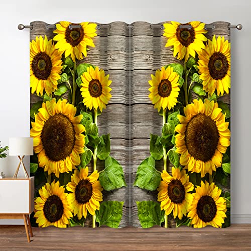 Jekeno Sunflower Floral Blackout Curtains Spring Flower on Rustic Wood Country Wooden Decor for Home Bedroom Living Room Darkening Grommet Window Drapes 2 Panel Set, 42"x63"