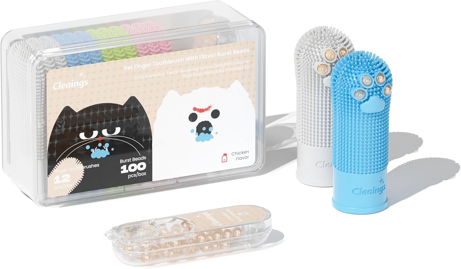 cleaings Dog Toothbrush and Toothpaste Set, 12 Pack Dog Finger Toothbrush with 100 Flavour Burst Beads, 360° Silicone Pet Toothbrush for Dogs & Cats, Teeth Cleaning & Fresh Breath, Chicken Flavour